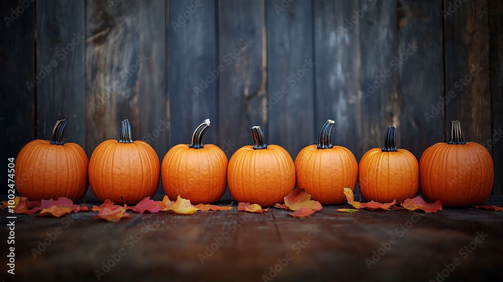 A row of orange pumpkins arranged neatly on a rustic wooden background with scattered autumn leaves