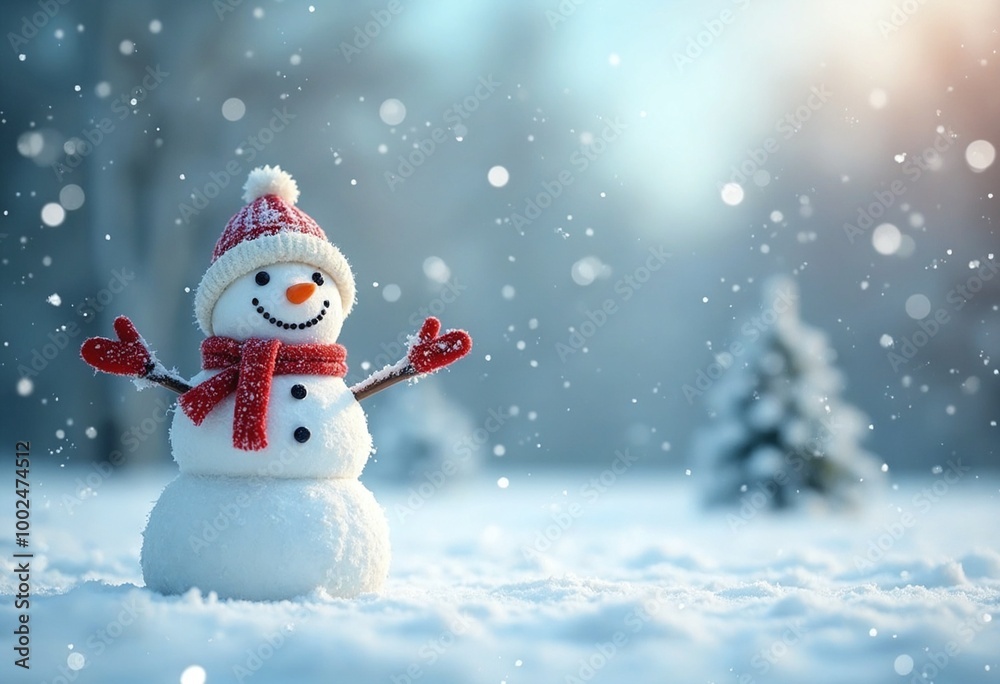 Cheerful snowman in winter landscape, festive Cheerful snowman in winter landscape, festive