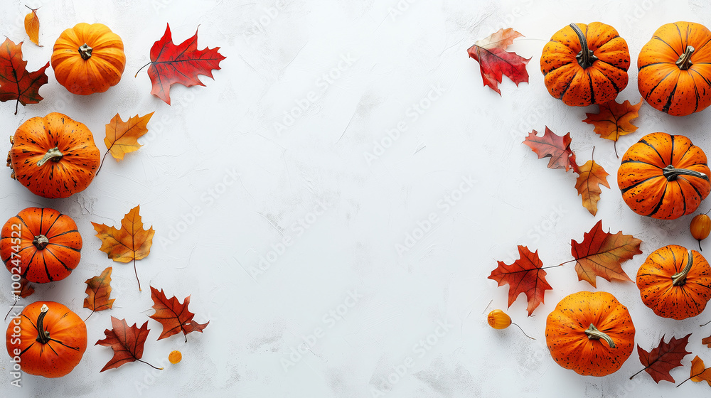 A light surface with a neatly arranged row of pumpkins and fall leaves, space for text