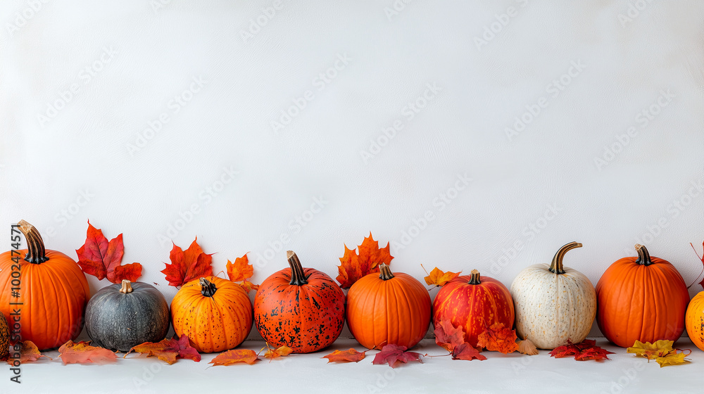 A light surface with a neatly arranged row of pumpkins and fall leaves, space for text