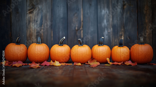Obraz na płótnie A row of orange pumpkins arranged neatly on a rustic wooden background with scattered autumn leaves w salonie
