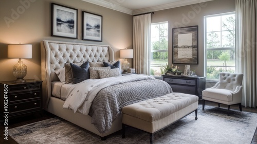 Luxurious Bedroom with Upholstered Bed, Ottomans, and Artwork