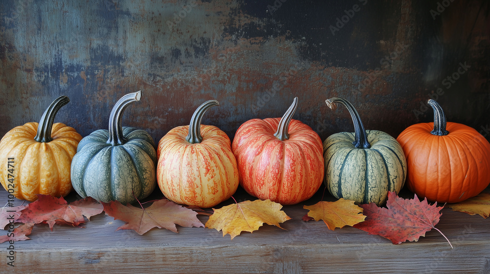 A colorful display of pumpkins, pumpkins and leaves sitting in a row on wooden background