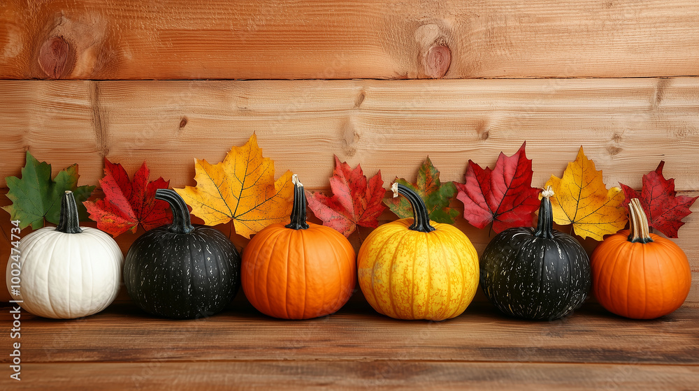A colorful display of pumpkins, pumpkins and leaves sitting in a row on wooden background