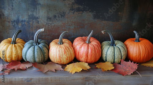 Obraz na płótnie A colorful display of pumpkins, pumpkins and leaves sitting in a row on wooden background w salonie