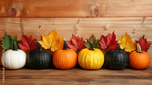 Obraz na płótnie A colorful display of pumpkins, pumpkins and leaves sitting in a row on wooden background w salonie