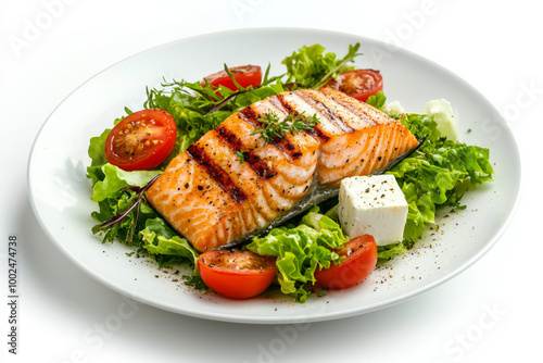 Grilled salmon fillet served on a bed of fresh lettuce and cherry tomatoes in a bright setting photo