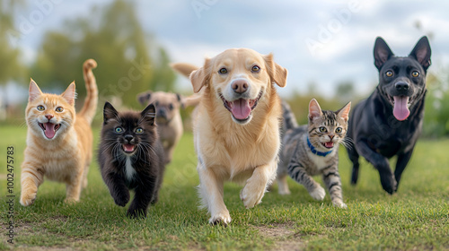 A group of happy dogs and cats running in the park all looking at the camera smiling for a cute pet photography shot on a sunny day with a green grass background Generative AI