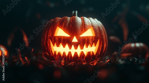 A glowing, menacing jack-o'-lantern sits among dark foliage, exuding an eerie Halloween atmosphere with sharp, toothy grin.