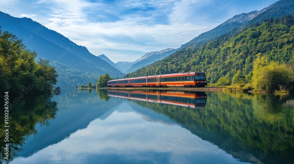 Obraz premium Scenic train traveling along a serene lake surrounded by mountains and lush greenery.