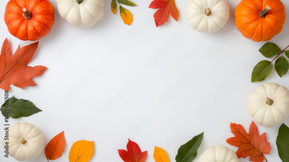 Fototapeta premium Autumn decoration with orange and white pumpkins surrounded by vibrant fall leaves