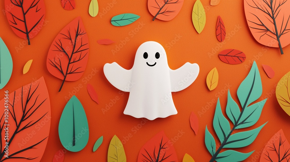 Obraz premium A cheerful paper ghost surrounded by colorful autumn leaves on a vibrant orange background.