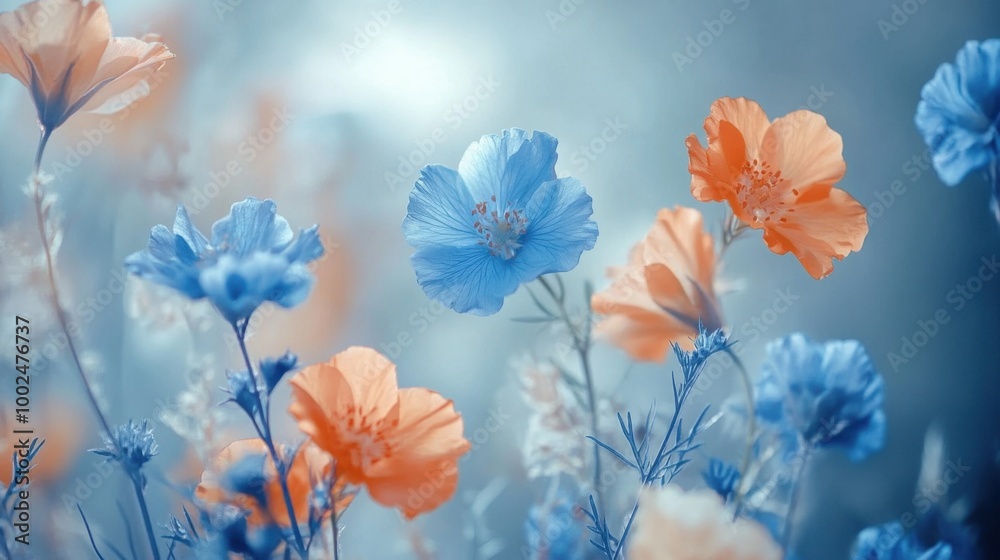 Delicate arrangement of blue and orange flowers against a soft background providing a burst of color Delicate arrangement of blue and orange flowers against a soft background providing a burst of color