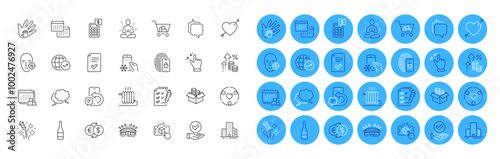Yoga, Buildings and Touchscreen gesture line icons pack. Social responsibility, Messenger, Survey checklist web icon. Love, Speech bubble, Calculator pictogram. Radiator. Color icon buttons. Vector