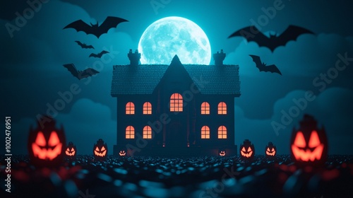 A spooky scene featuring a haunted house surrounded by glowing pumpkins and bats under a full moon, perfect for Halloween.