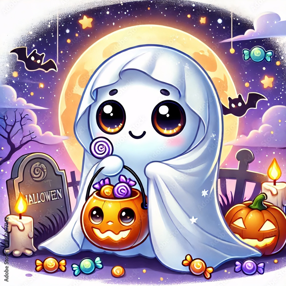 Obraz premium Adorable Ghost: A Friendly Halloween Spirit Ready for Trick-or-Treat