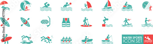The water sport solid icon set, Contains such Icons as Riding Water Bike, WindsurfingSUP Boarding, and more