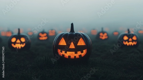 A spooky scene with glowing jack-o'-lanterns set in a misty field, evoking the eerie atmosphere of Halloween night.