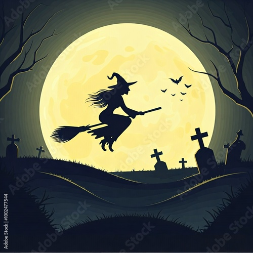 The subject is a witch flying on a broomstick against a large, yellow full moon. The witch is depicted in black silhouette, with a pointed hat and flowing hair, adding a sense of motion.