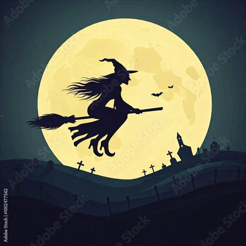 The subject is a witch flying on a broomstick against a large, yellow full moon. The witch is depicted in black silhouette, with a pointed hat and flowing hair, adding a sense of motion.
