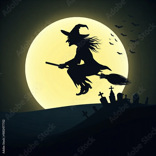 The subject is a witch flying on a broomstick against a large, yellow full moon. The witch is depicted in black silhouette, with a pointed hat and flowing hair, adding a sense of motion.