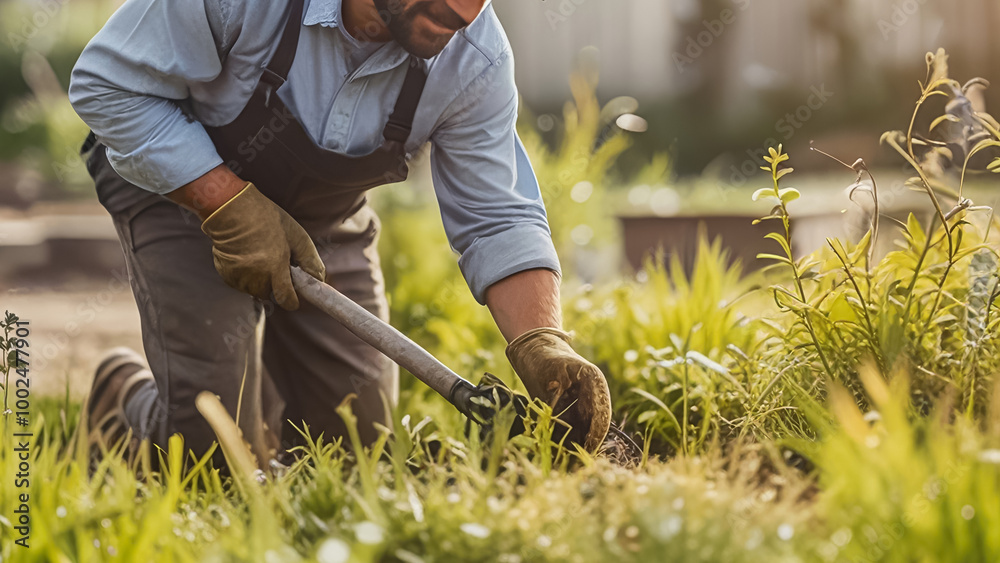 man Gardening in Raised Bed, Tending Plants on a Sunny Day