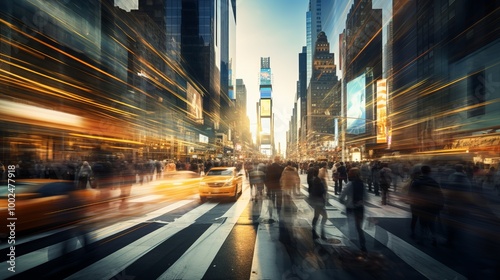 Dynamic rush hour in Times Square as yellow cabs navigate a bustling crosswalk at sunset