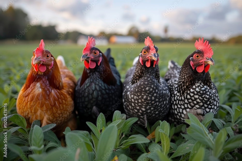 Fototapeta premium Charming hens grazing on lush green grass with ample space for text or inscriptions