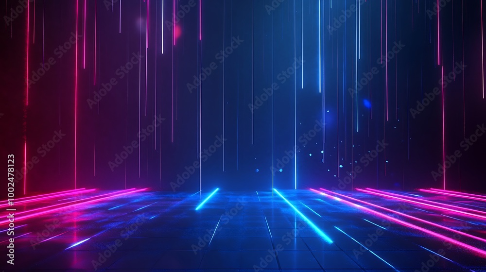 Abstract background with vibrant blue and pink neon lights illuminating a dark space.