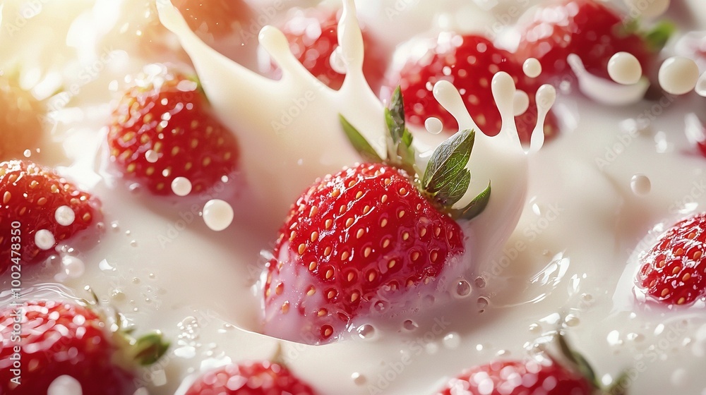   Close-up of strawberries splashing in milk