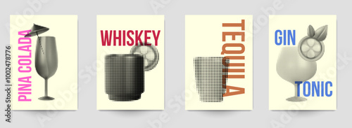 Set of abstract silhouette cocktails with alcohol or juice in minimalistic geometric flat style. Creative colorful composition. Concept for branding menu, cover, flyer, banner. Vector illustration.