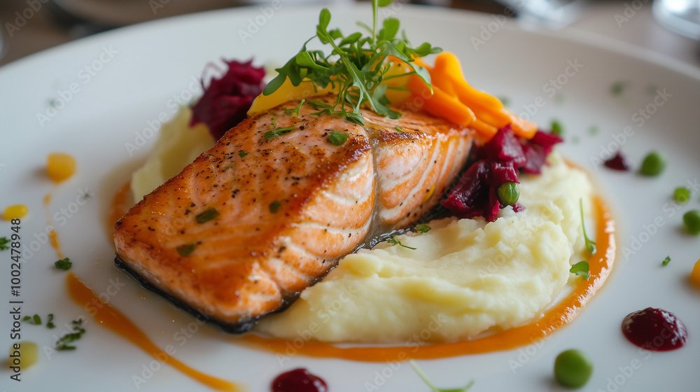 Grilled salmon served on a bed of mashed potatoes, garnished with greens and vegetables. The dish looks refined and appetizing Grilled salmon served on a bed of mashed potatoes, garnished with greens and vegetables. The dish looks refined and appetizing
