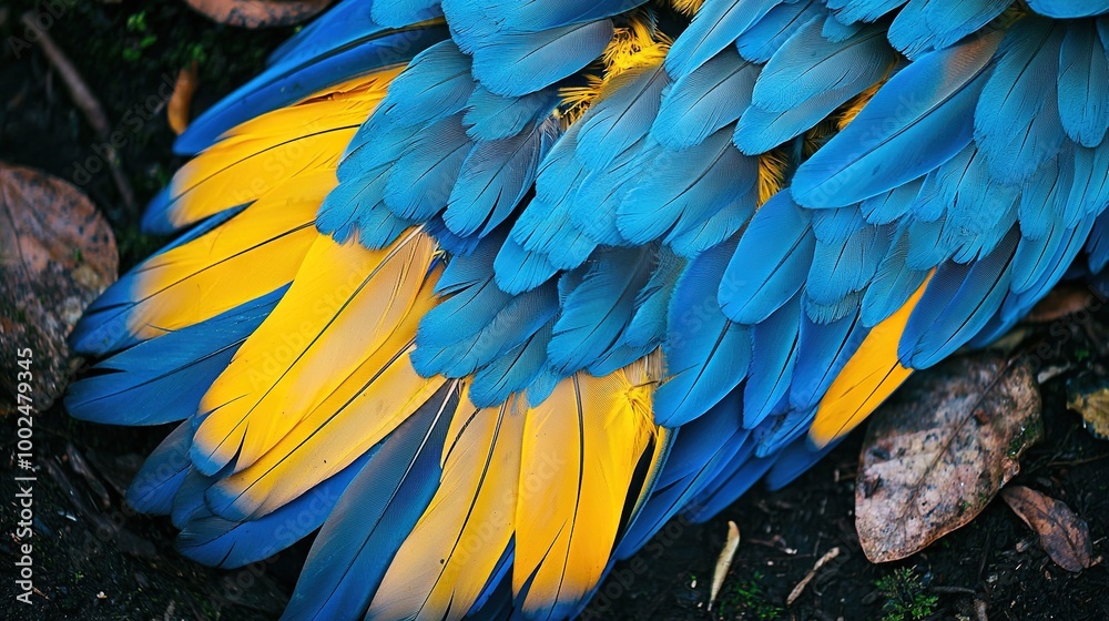Obraz premium A photo of a blue-yellow bird's feathers on the ground with surrounding rocks and leaves in the background