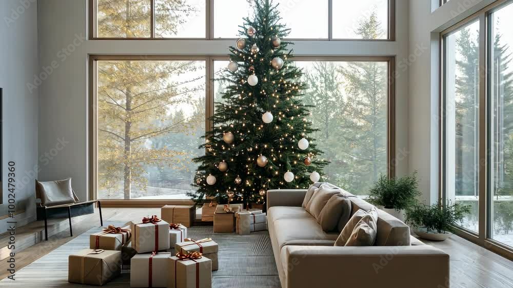 Elegant modern holiday scene with a minimalist tree and gift boxes in earthy tones, set in an open-concept living room with large windows and clean lines for a fresh, simple vibe. Christmas, New Year