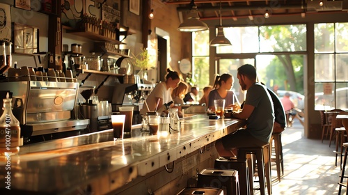 A cafe with a wooden counter and a few customers sitting at the bar.