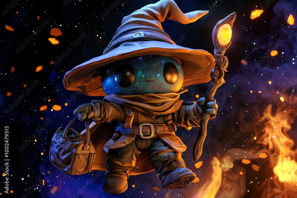 Fantasy Wizard Character with a Staff and Bag