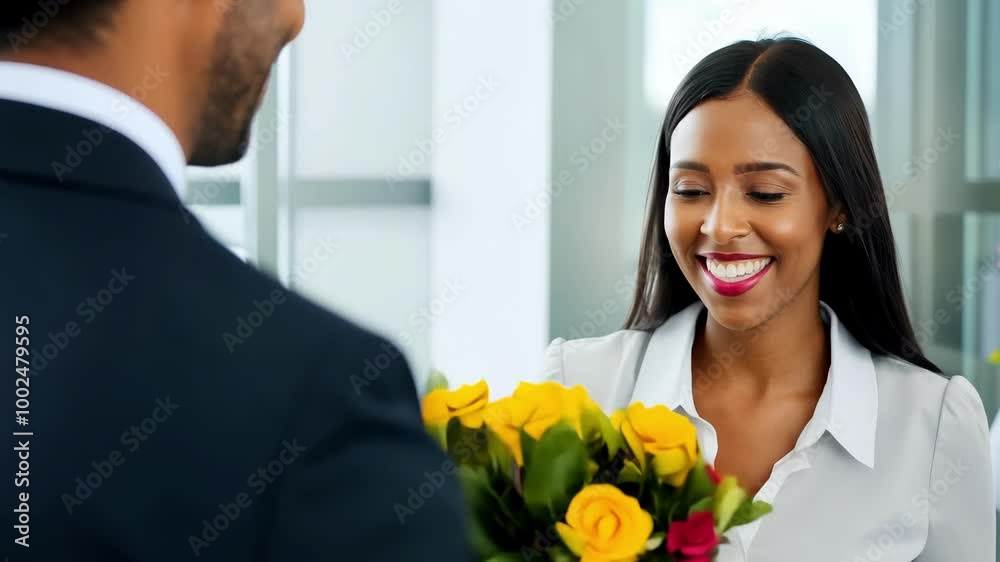 Woman smiling while receiving a bouquet of yellow roses at the office Woman smiling while receiving a bouquet of yellow roses at the office