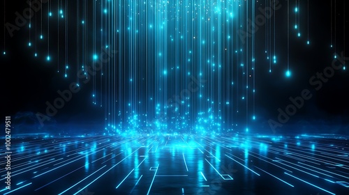 Abstract digital background with glowing blue lines and particles cascading down, creating a futuristic atmosphere.