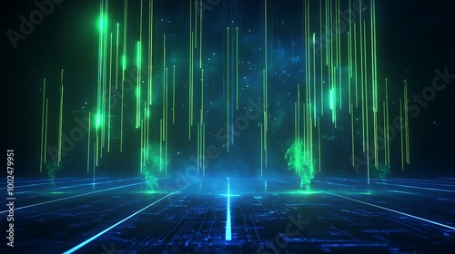 Abstract digital background with green and blue glowing lines, creating a futuristic and vibrant atmosphere.