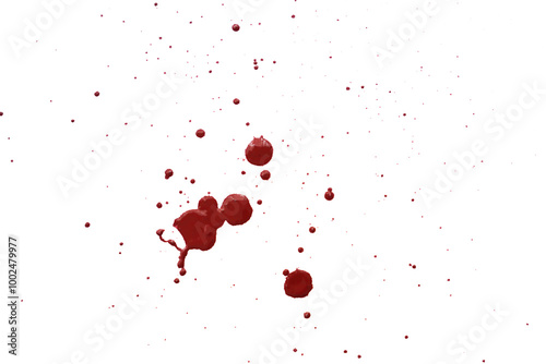 Blood splatters on white background. Red blots of watercolor Realistic bloody splatters for Halloween Drop of blood