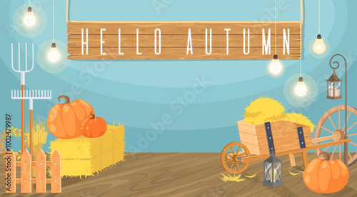 Hello autumn photo zone background with ripe pumpkins, hay bales, wheelbarrow cart, garden tool and lantern vector illustration