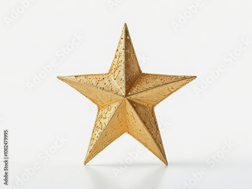 Studio photo of a well-lit golden Christmas star on a white background