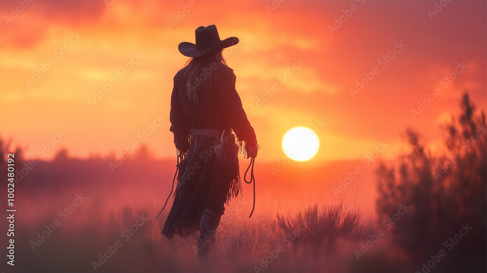 A man in a cowboy hat stands on a mountain overlooking a sunset. The man is holding a gun and he is a lone cowboy. The image has a mood of solitude and adventure A man in a cowboy hat stands on a mountain overlooking a sunset. The man is holding a gun and he is a lone cowboy. The image has a mood of solitude and adventure