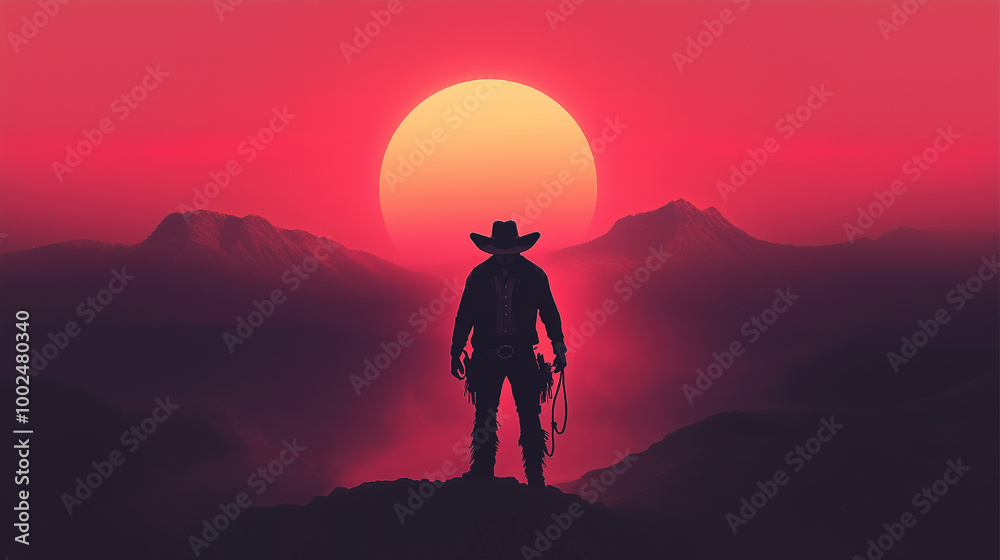 Fototapeta premium A man in a cowboy hat stands on a mountain overlooking a sunset. The man is holding a gun and he is a lone cowboy. The image has a mood of solitude and adventure