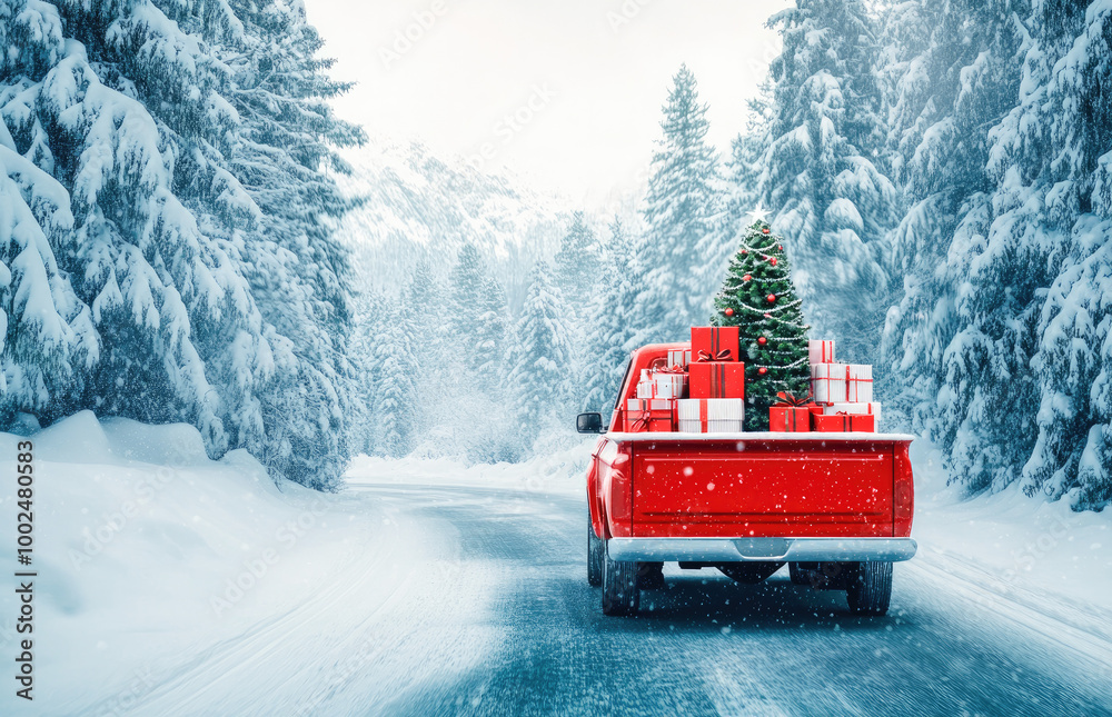 Red pickup truck carrying Christmas tree and gifts on a snowy road, symbolizing holiday cheer. Red pickup truck carrying Christmas tree and gifts on a snowy road, symbolizing holiday cheer.