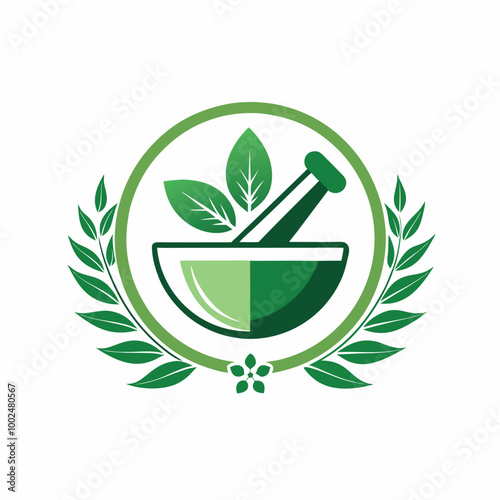 Pharmacy logo floral design with bowl and leaves herbal medicine.Logos for medicine, doctor, hospital and pharmacy. icon vector