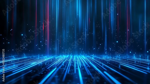 Abstract digital background with vibrant blue lines and glowing particles creating a futuristic atmosphere.