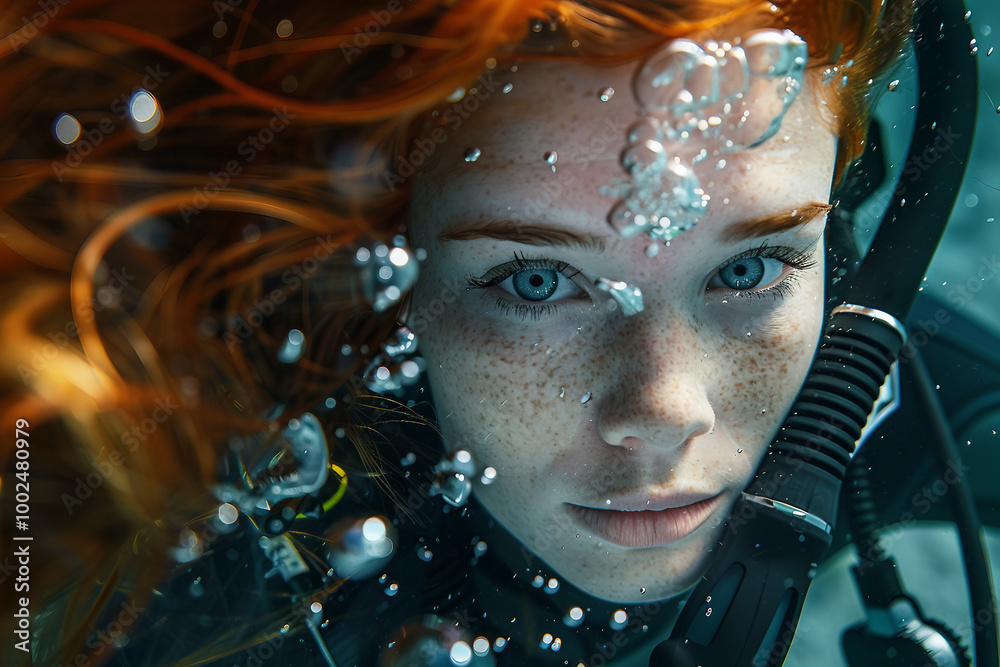 Professional diver exploring underwater life world flora fauna, Generative AI