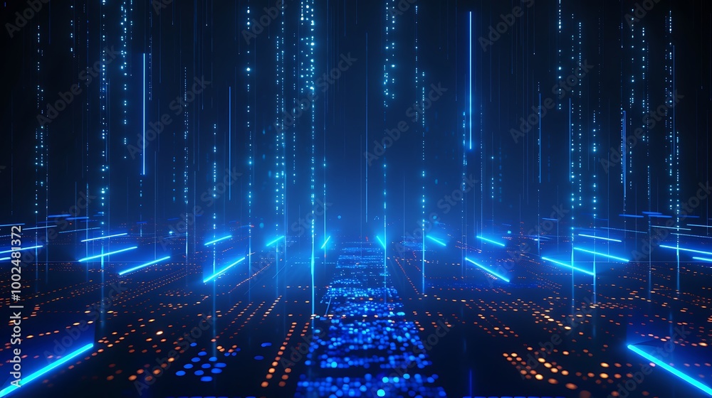 Obraz premium Abstract digital landscape with glowing blue data streams and circuit patterns, representing data flow and technology.