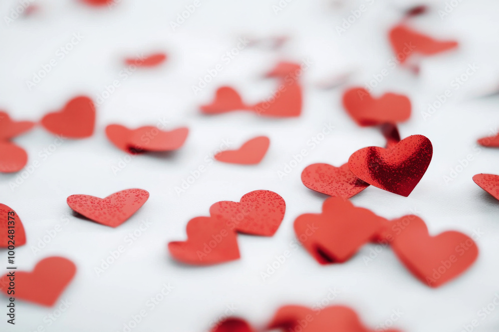 Scattered red heart shapes on a white surface, creating a festive and romantic atmosphere Scattered red heart shapes on a white surface, creating a festive and romantic atmosphere